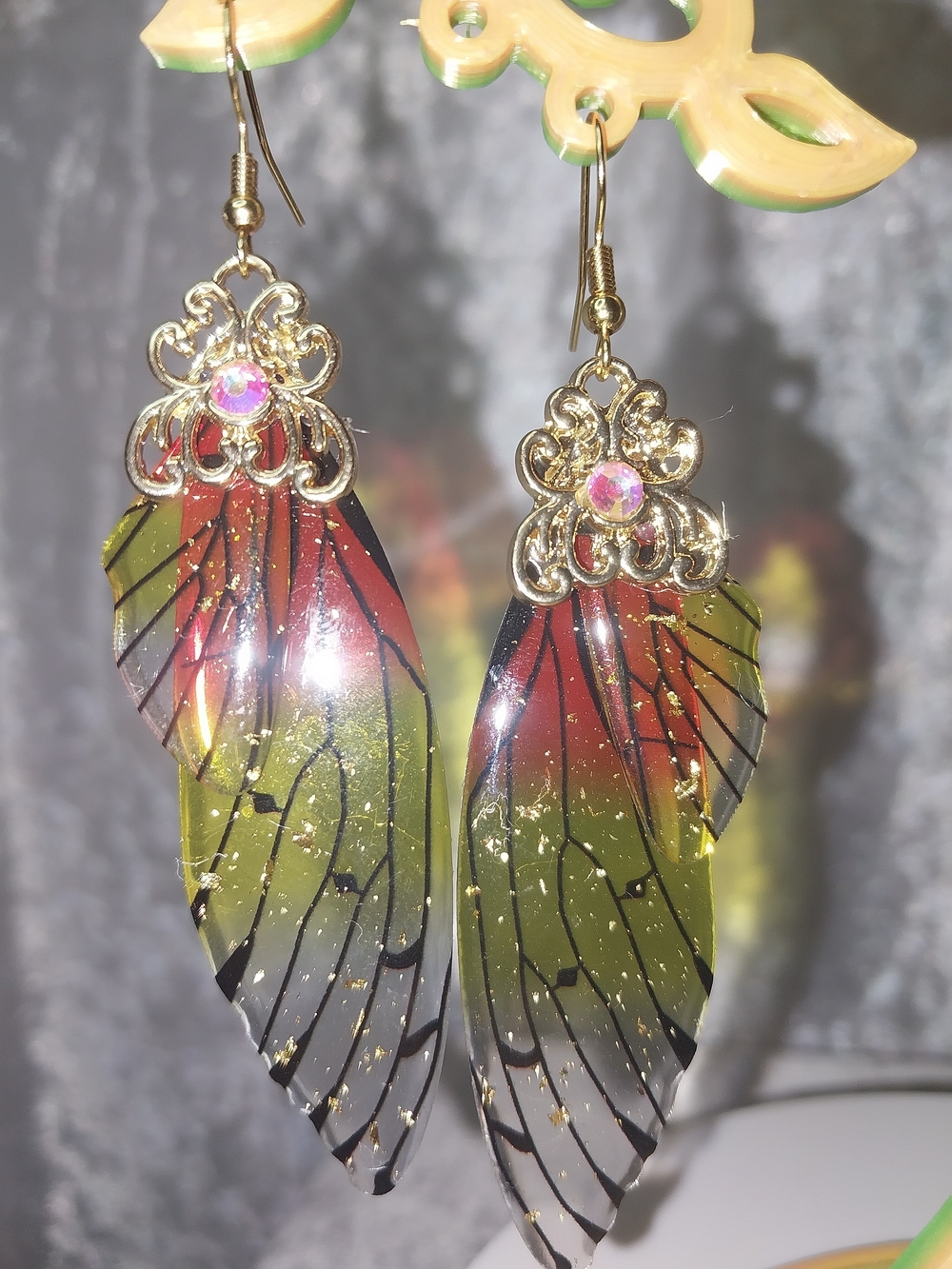 Handcrafted Green-Red Wing Dangle Earrings - Gold Accents